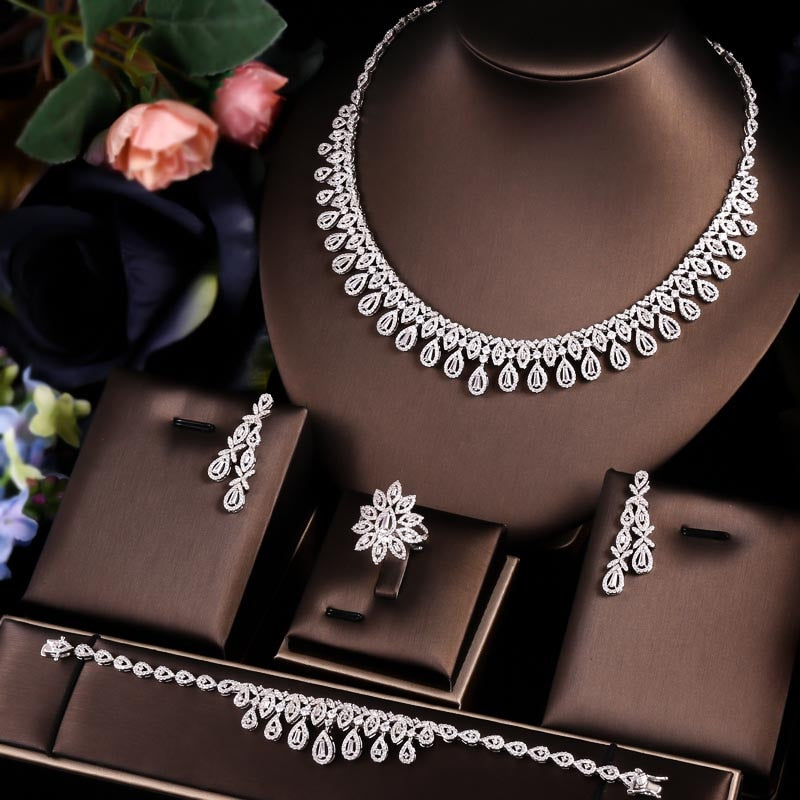 4 pcs bridal zirconia cz crystal jewelry sets white / resizable