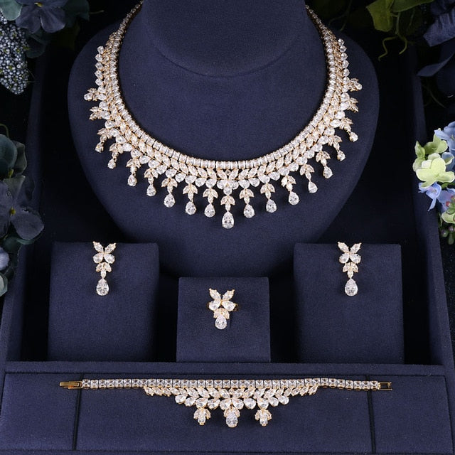 luxury cubic zirconia 4 pcs jewelry set gold-color