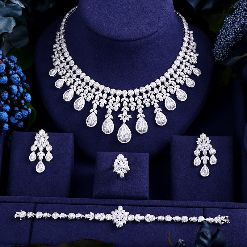 luxury cubic zirconia jewelry sets with necklace, bracelet, earrings and ring