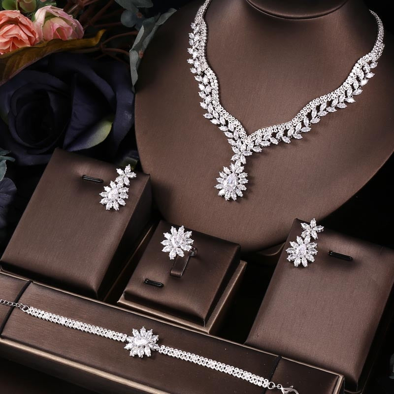 luxury dubai nigeria cz crystal 4pcs bridal zirconia jewelry sets platinum plated
