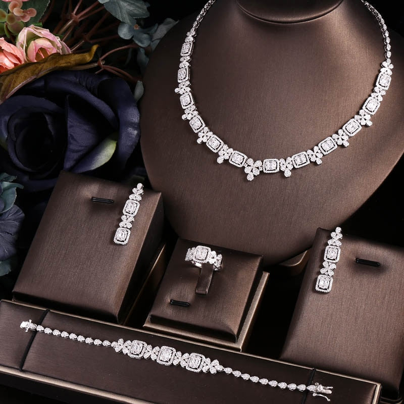 4 pcs bridal zirconia cz crystal jewelry sets platinum plated / white