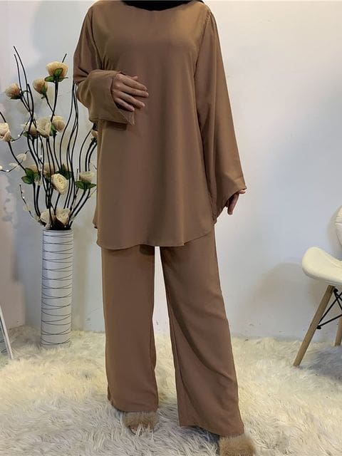 Kaftan Dubai Abaya Muslim Women Top & Pant Set Brown / S HIJAB BURKA