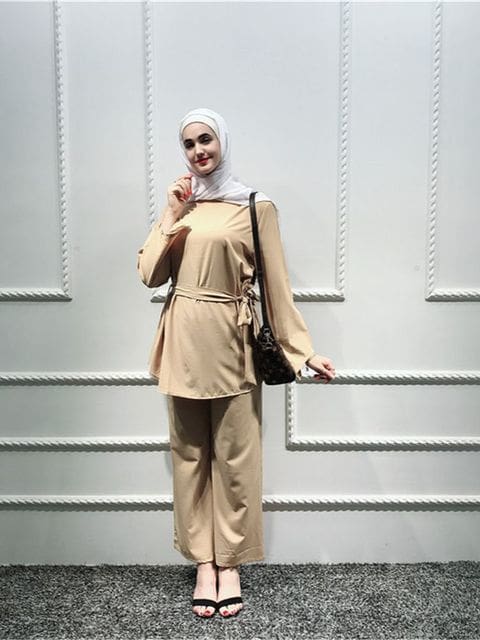 Kaftan Dubai Abaya Muslim Women Top & Pant Set Khaki / XXL HIJAB BURKA