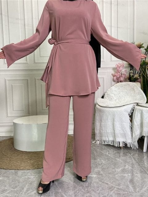 Kaftan Dubai Abaya Muslim Women Top & Pant Set Pink / XXL HIJAB BURKA