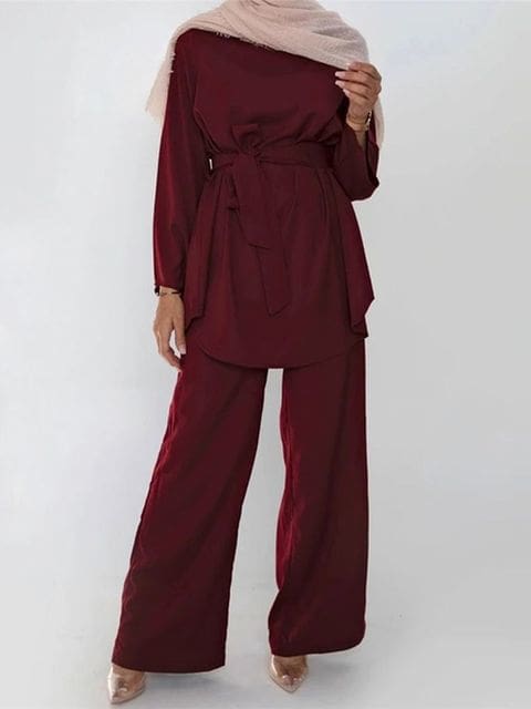 Kaftan Dubai Abaya Muslim Women Top & Pant Set Wine Red / S HIJAB BURKA