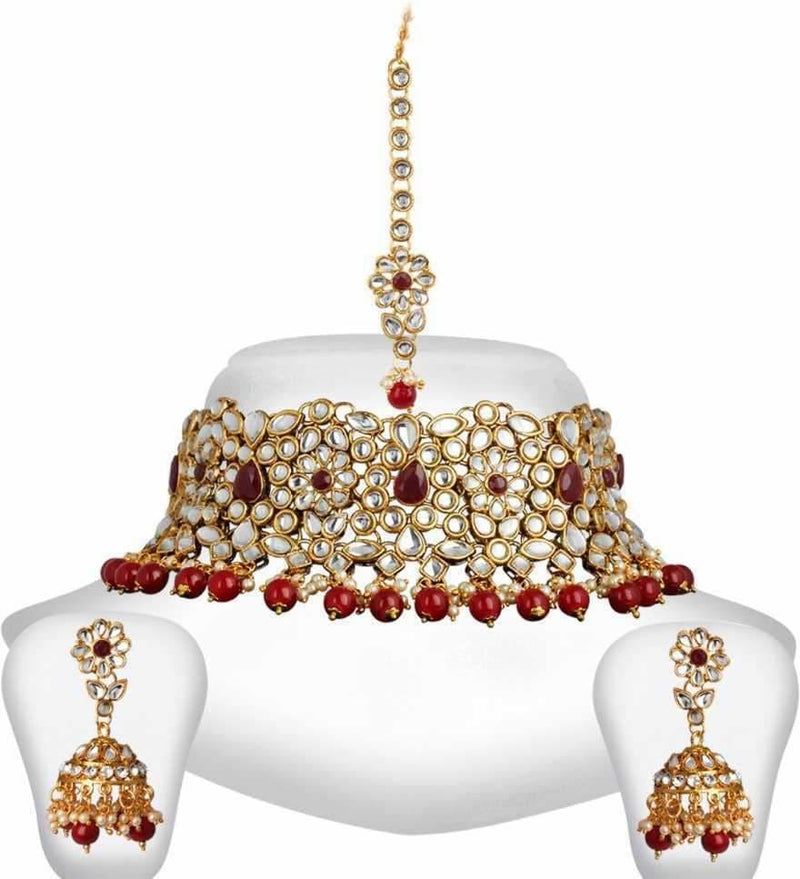 kundan red necklace jewelry indian bollywood bridal gold choker plated fashion