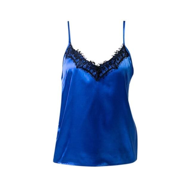 lace top satin sexy v neck women sleepwear blue / s