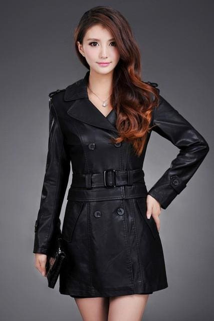 ladies faux synthetic long leather trench coat