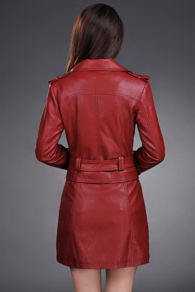 ladies faux synthetic long leather trench coat