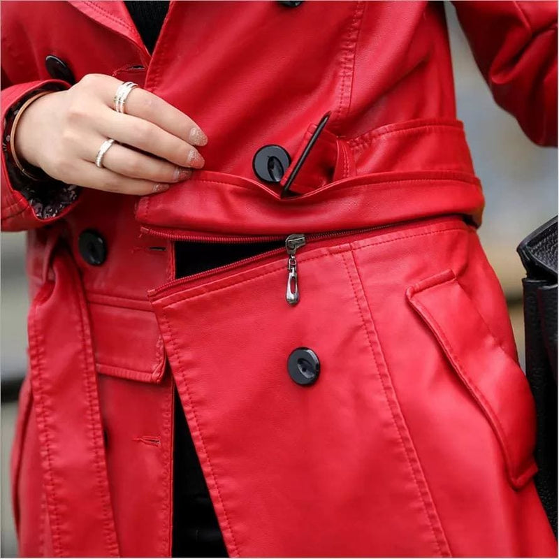 ladies faux synthetic long leather trench coat