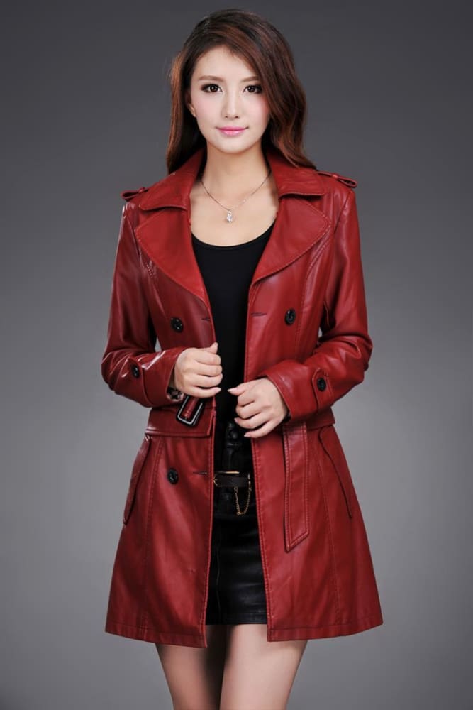 ladies faux synthetic long leather trench coat