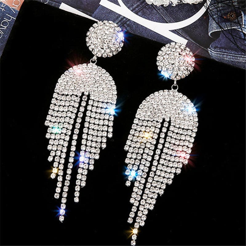 Long Tassel Crystal Rhinestone Drop Earrings Silver EARRINGS