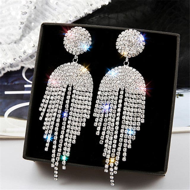 Long Tassel Crystal Rhinestone Drop Earrings Silver EARRINGS