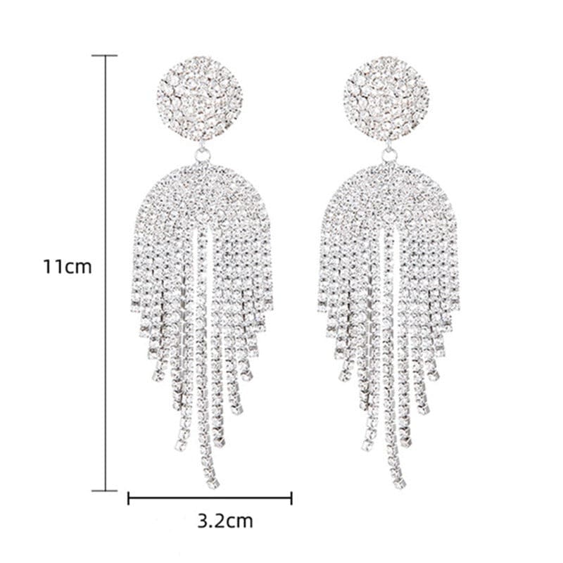 Long Tassel Crystal Rhinestone Drop Earrings Silver EARRINGS