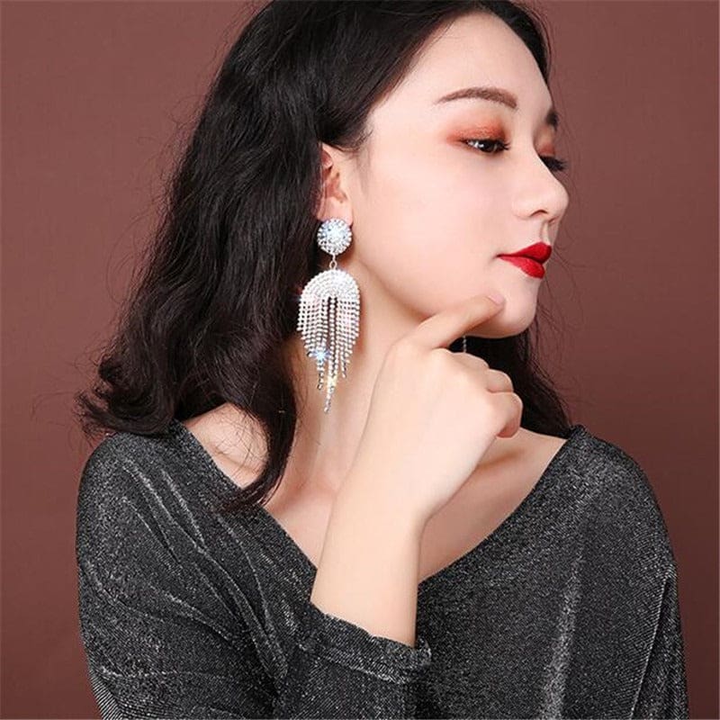 Long Tassel Crystal Rhinestone Drop Earrings Silver EARRINGS