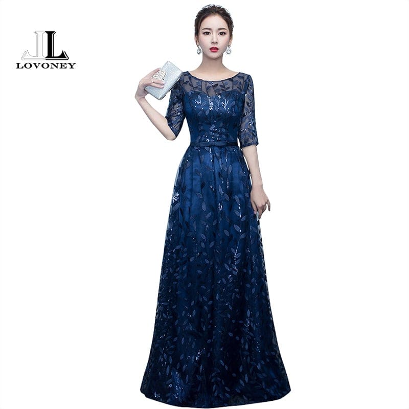 lovoney scoop neck half sleeves lace up formal evening dresses