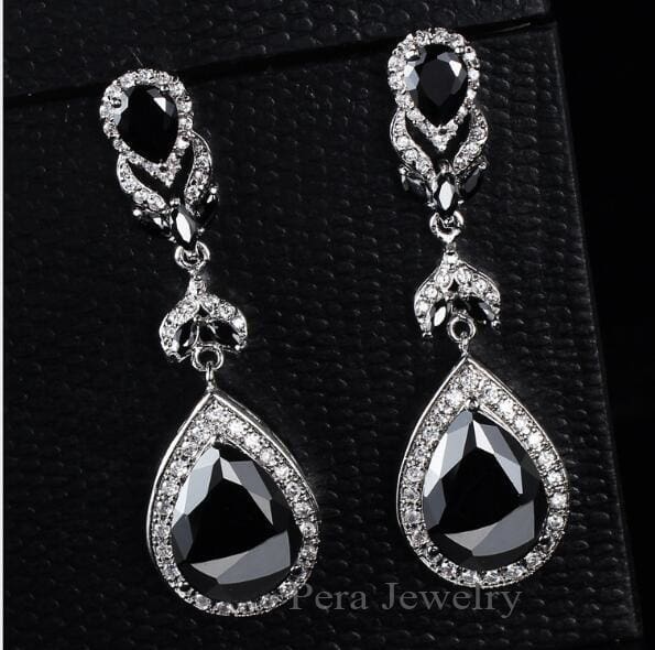 luxury brand cz stone big pear cut drop long dangle cubic zirconia earrings black