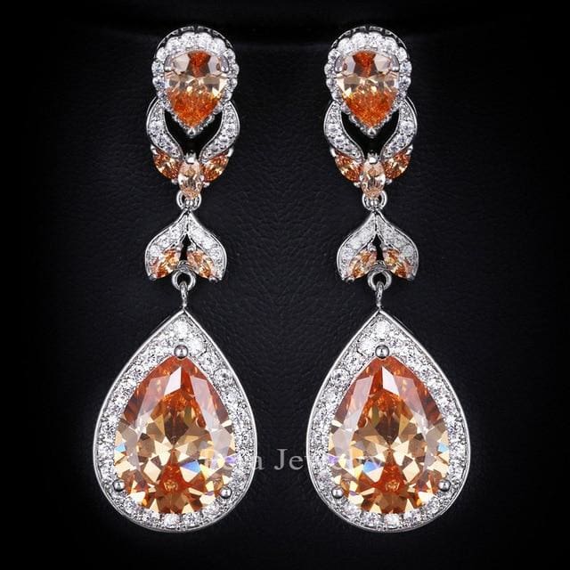 luxury brand cz stone big pear cut drop long dangle cubic zirconia earrings champagne