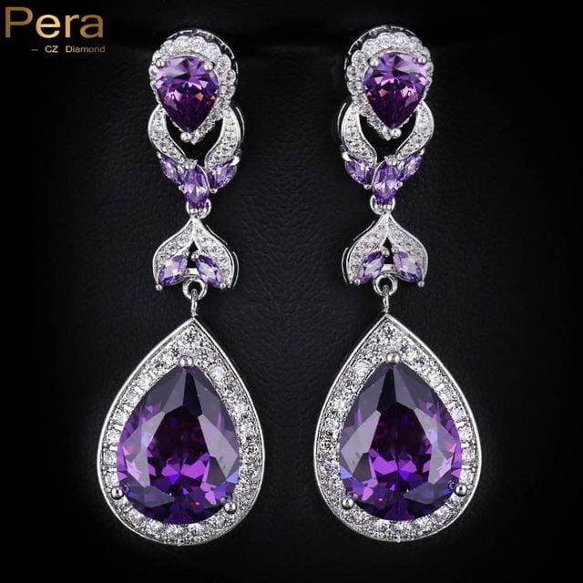 luxury brand cz stone big pear cut drop long dangle cubic zirconia earrings purple