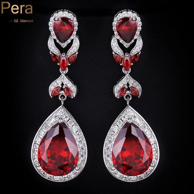 luxury brand cz stone big pear cut drop long dangle cubic zirconia earrings red