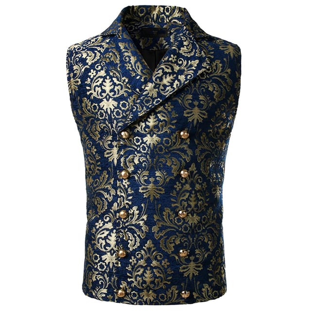 Luxury Brocade Victorian Gothic Double Breasted Men Vest Navy / US Size XXL JACKETS