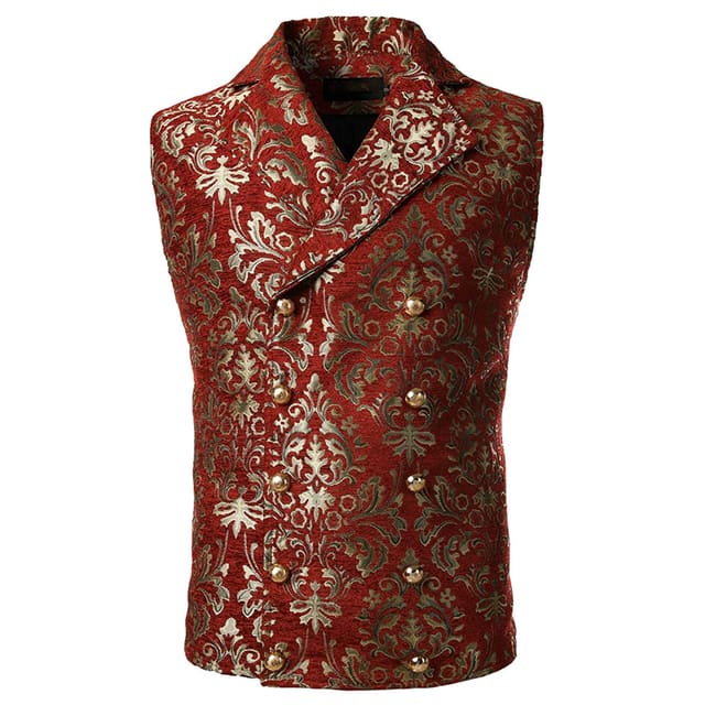 Luxury Brocade Victorian Gothic Double Breasted Men Vest Red / US Size XXL JACKETS