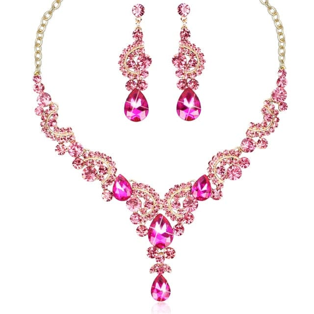 luxury crystal elegant women party jewelry 2 pcs set hot pink