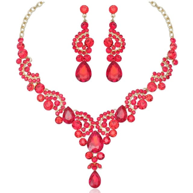 luxury crystal elegant women party jewelry 2 pcs set red