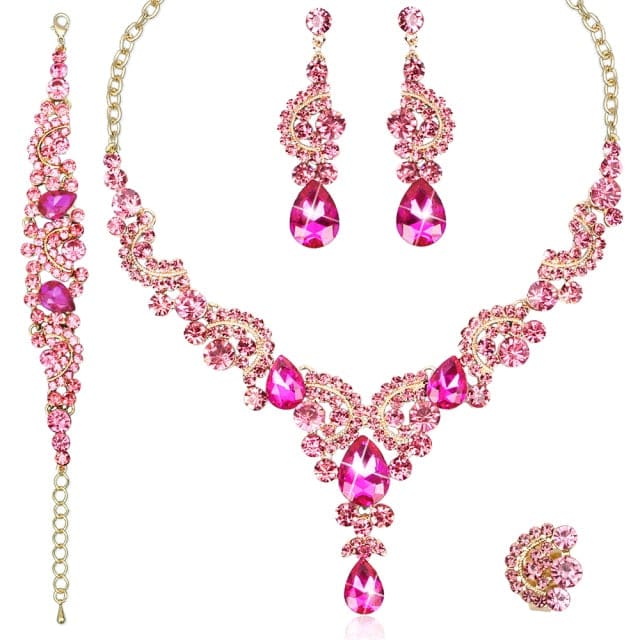 luxury crystal elegant women party jewelry 4 pcs set hot pink