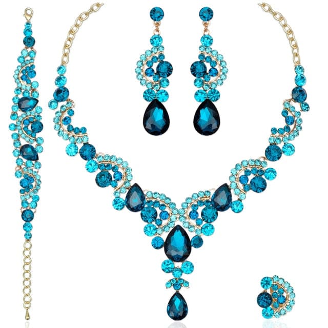 luxury crystal elegant women party jewelry 4 pcs set lake blue