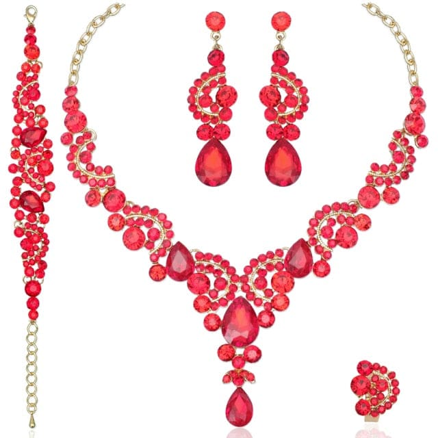 luxury crystal elegant women party jewelry 4 pcs set red