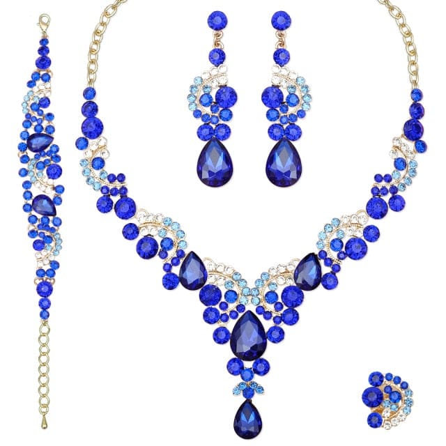 luxury crystal elegant women party jewelry 4 pcs set royal blue