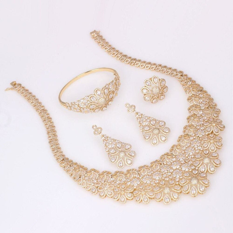 luxury cubic zirconia elegant bridal necklace set gold-color / white / resizable, 42cm