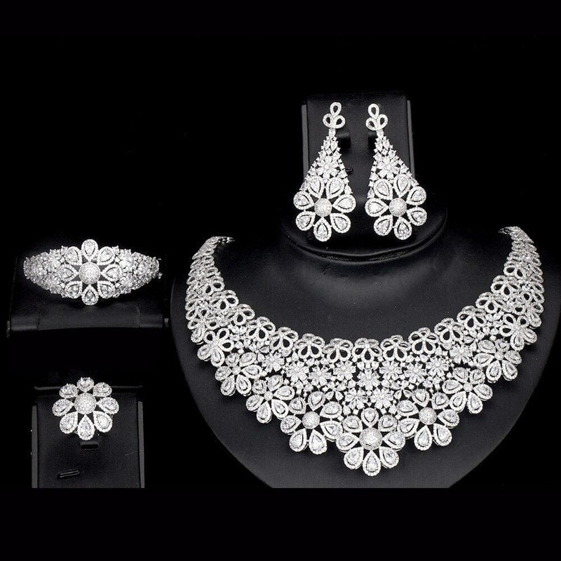 luxury cubic zirconia elegant bridal necklace set rhodium plated / white / resizable, 42cm