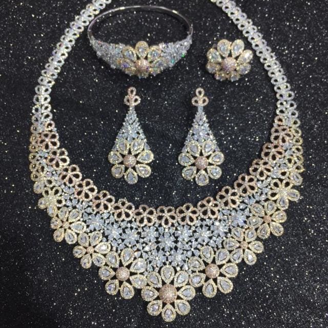 luxury cubic zirconia elegant bridal necklace set three color / white / resizable, 42cm