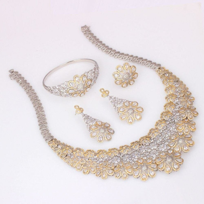 luxury cubic zirconia elegant bridal necklace set two-tone / white / resizable, 42cm