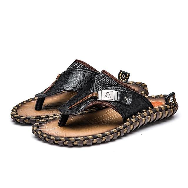 luxury genuine leather slippers summer men beach shoes