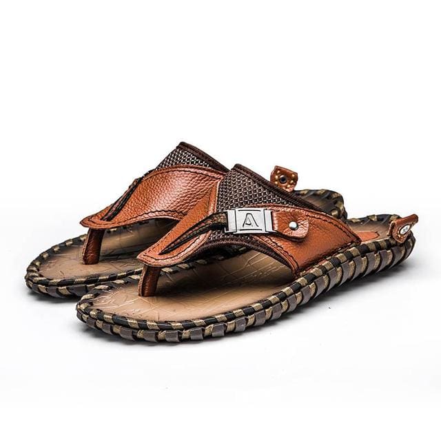 luxury genuine leather slippers summer men beach shoes