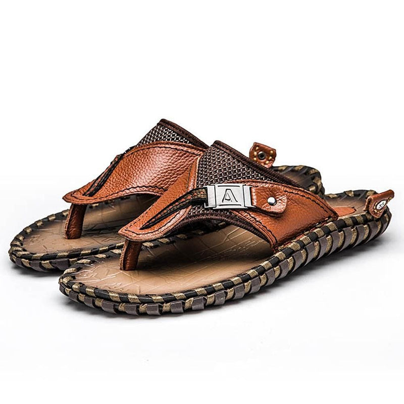 luxury genuine leather slippers summer men beach shoes