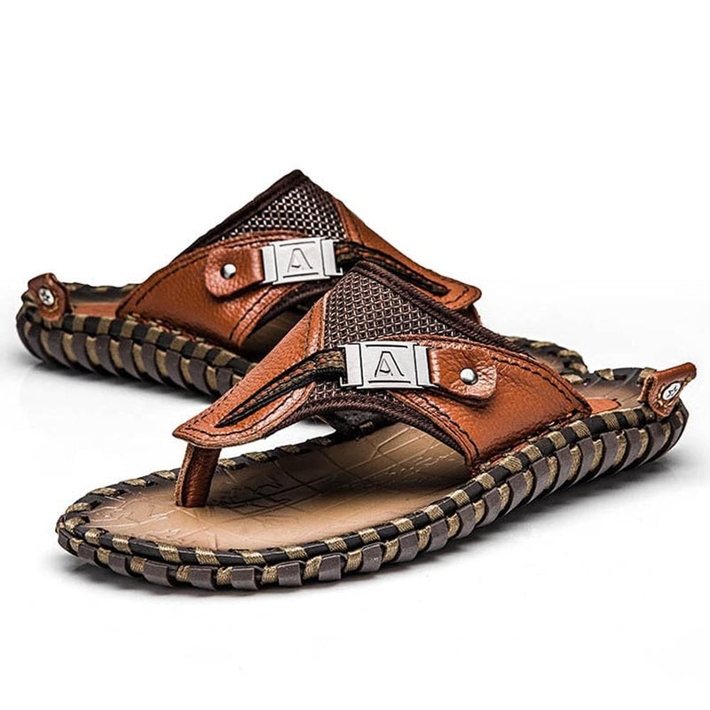luxury genuine leather slippers summer men beach shoes