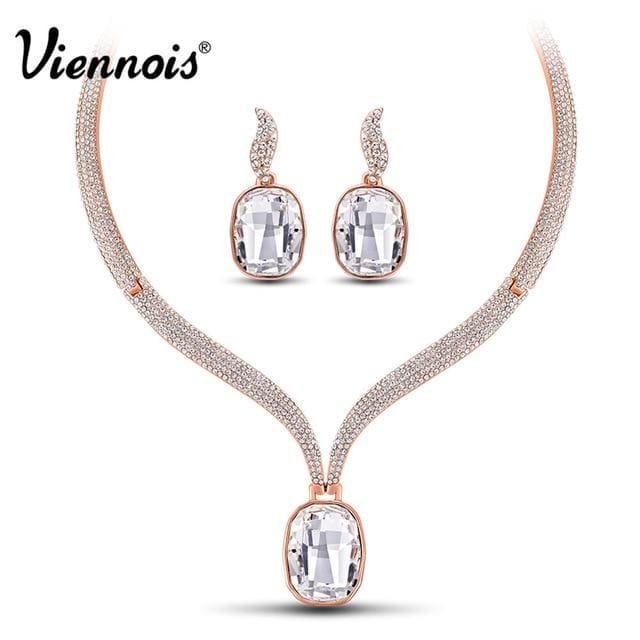 luxury large crystal jewelry set rose gold color