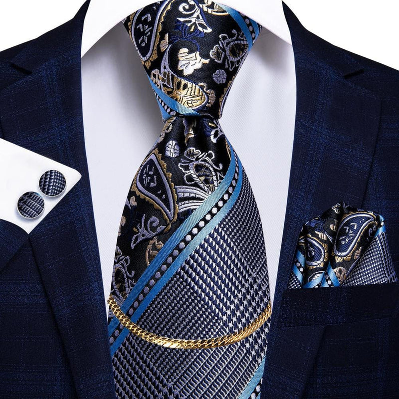 Luxury Plaid Silk Chain Hanky Cufflinks Men’s Tie N-1641 TIES & BOW