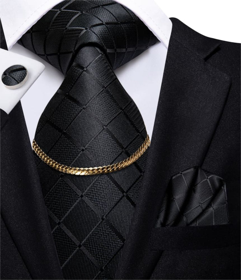 Luxury Plaid Silk Chain Hanky Cufflinks Men’s Tie N-1758 TIES & BOW