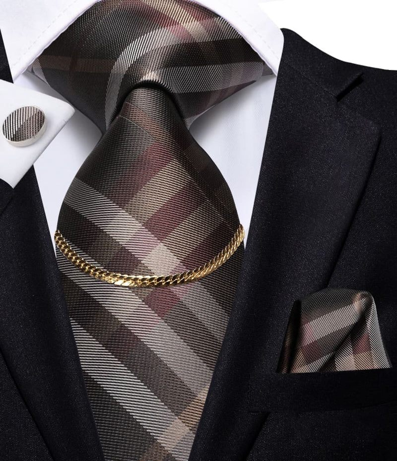 Luxury Plaid Silk Chain Hanky Cufflinks Men’s Tie N-3014 TIES & BOW
