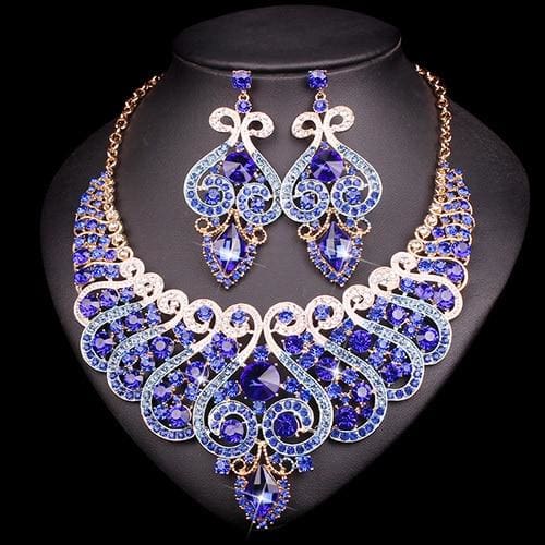 luxury rhinestone crystal statement bridal jewelry set 2 pcs set dark blue