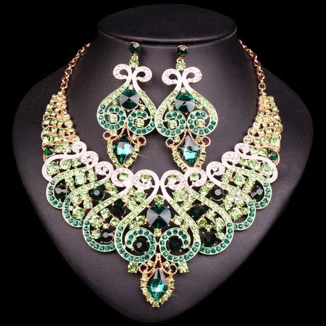 luxury rhinestone crystal statement bridal jewelry set 2 pcs set green