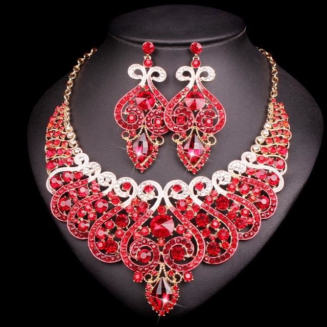 luxury rhinestone crystal statement bridal jewelry set 2 pcs set red