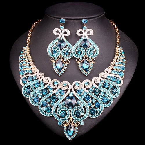 luxury rhinestone crystal statement bridal jewelry set 2 pcs set sky blue
