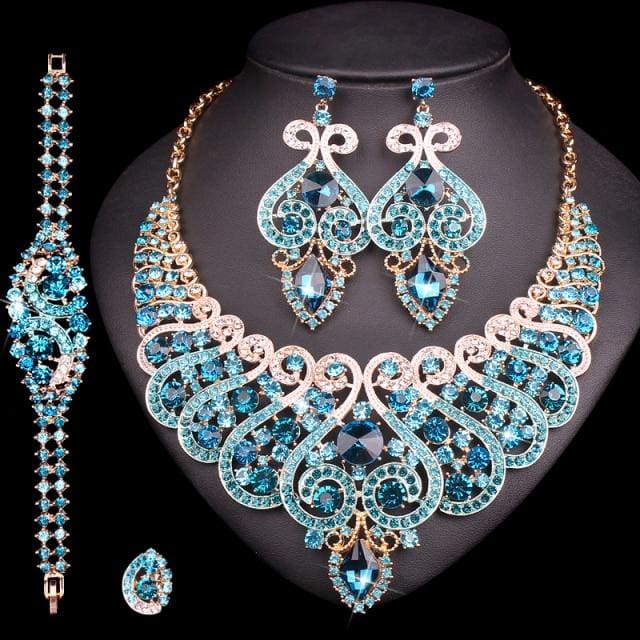 luxury rhinestone crystal statement bridal jewelry set 4 pcs set sky blue