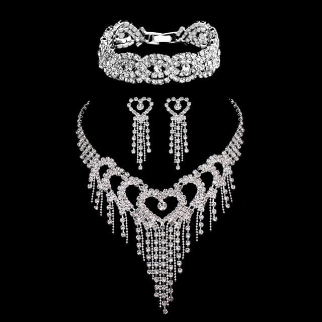 luxury rhinestone heart tassel crystal necklace earrings bracelet bridal jewelry sets 3pcs set / clear